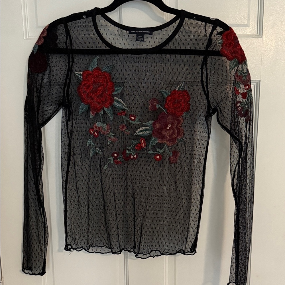 American Eagle Black Sheer Top with Red Floral Design